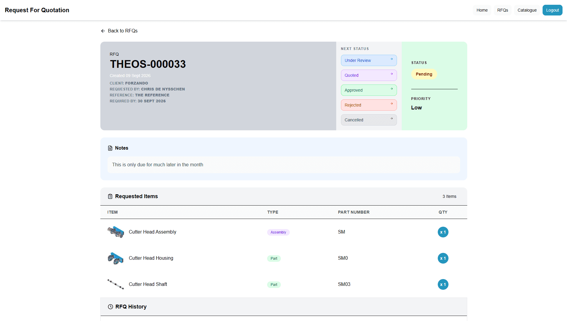 THEOS Enterprise RFQ detail view